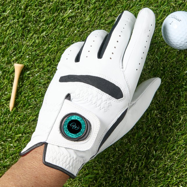 Stylish monogram aqua teal glitter name golf glove (Creator Uploaded)