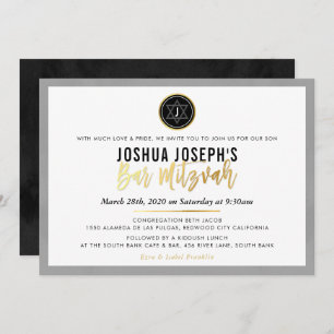STYLISH MONOGRAM BAR MITZVAH black gold script Invitation