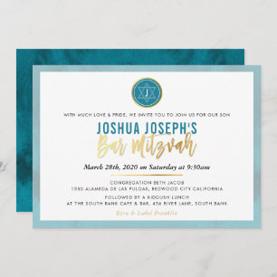 STYLISH MONOGRAM BAR MITZVAH teal blue gold script Invitation
