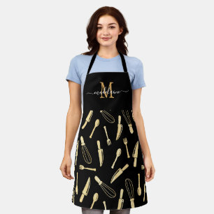 Stylish Monogram Black and Gold Kitchen Utensils Apron