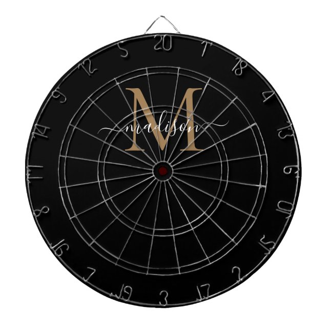 Stylish Monogram Black Gold Elegant Girly Script Dart Board (Front)
