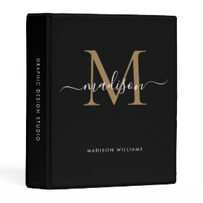 Stylish Monogram Black Gold Script Office School Mini Binder