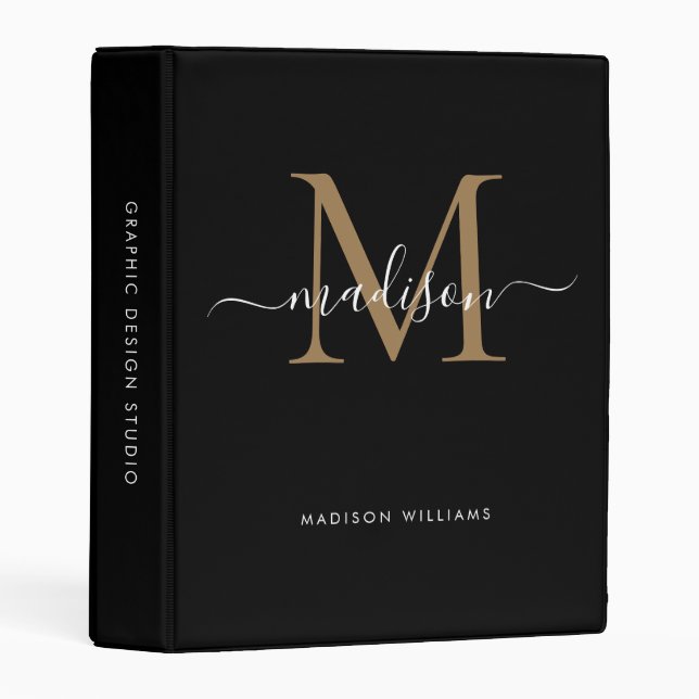Stylish Monogram Black Gold Script Office School Mini Binder (Front/Spine)
