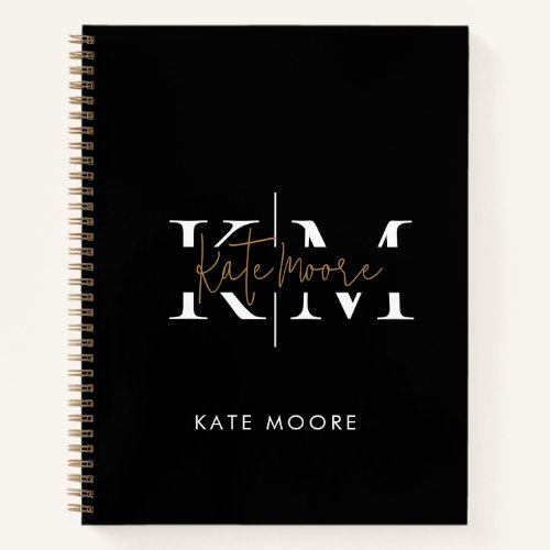 Stylish Monogram Black Gold Script Office School Notebook