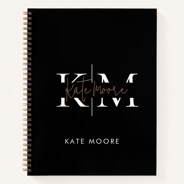 Stylish Monogram Black Gold Script Office School Notebook (Front)