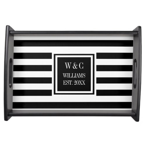 Stylish Monogram Black White Stripe Serving Tray