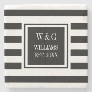 Stylish Monogram Black White Stripe Stone Coaster