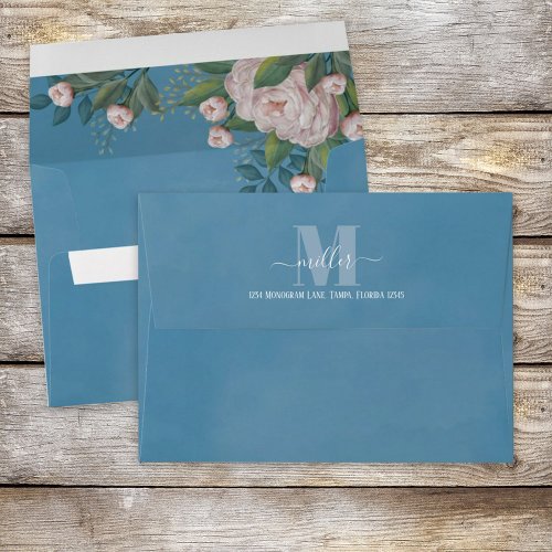 Stylish Monogram Blue Floral Rose Return Address Envelope