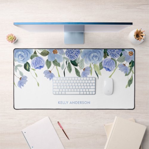 Stylish Monogram Blue floral watercolor border  Desk Mat