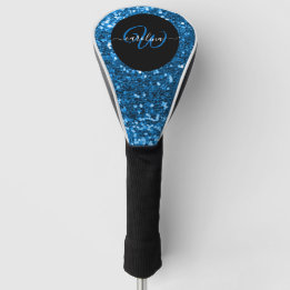 Stylish monogram blue glitter name black golf head cover