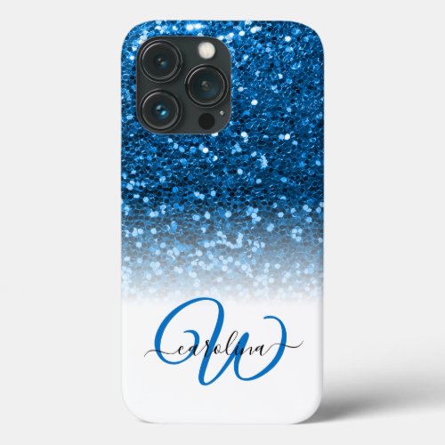 Stylish monogram blue glitter name white iPhone 13 pro case