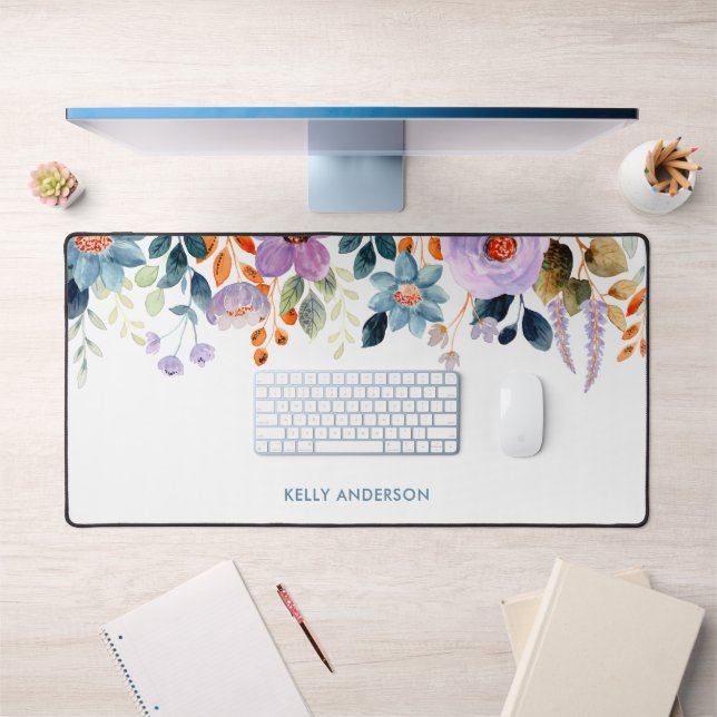 Stylish Monogram Blue Purple Watercolor floral Desk Mat (Office 1)