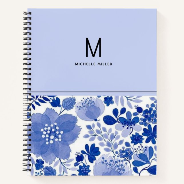 Stylish Monogram Blue Shades Floral Flower Notebook (Front)