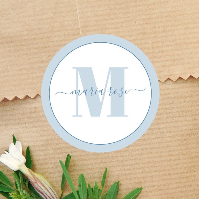 Stylish Monogram Blue Simple Minimalist Custom Classic Round Sticker (Simple blue monogram and name sticker.)