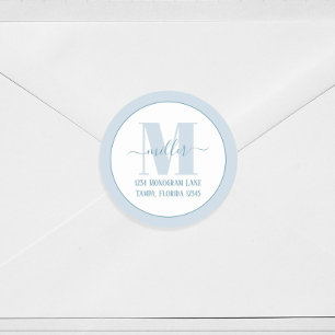 Stylish Monogram Blue Simple Return Address Classic Round Sticker