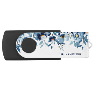 Stylish Monogram Blue Watercolor floral Flash Drive