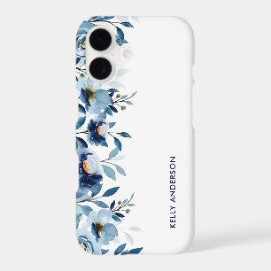 Stylish Monogram Blue Watercolor floral iPhone 17 Case