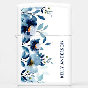 Stylish Monogram Blue Watercolor floral Zippo Lighter