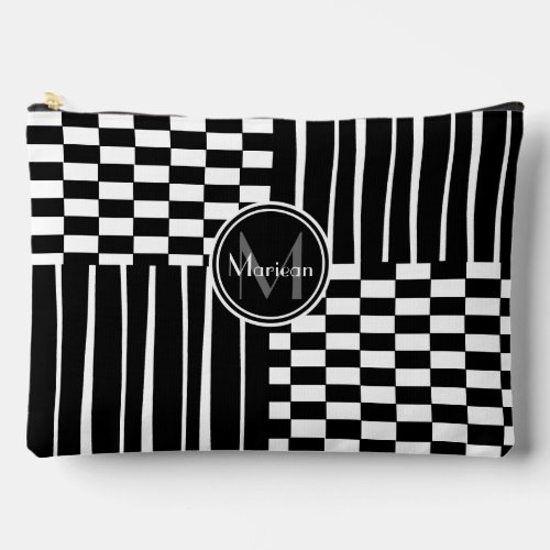 Stylish monogram check and stripes accessory pouch