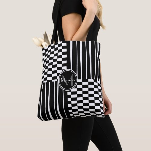 Stylish monogram check and stripes tote bag