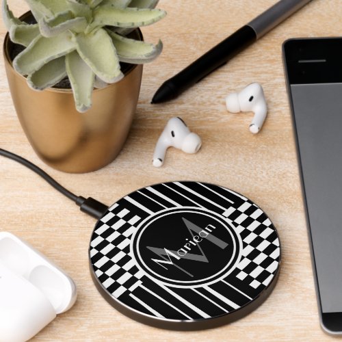 Stylish monogram check and stripes wireless charger 