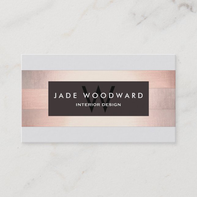 Stylish Monogram Copper Striped Designer Business Card (Front)