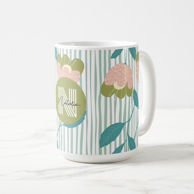 Stylish monogram design with cute pattern blue coffee mug (Front Right)