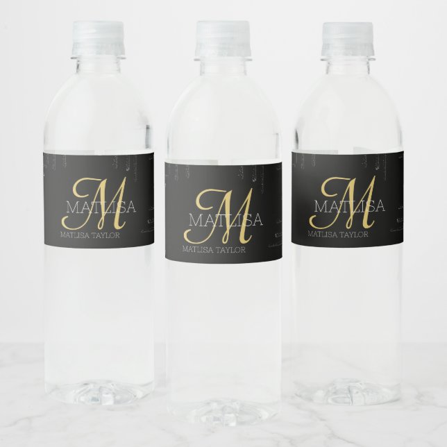 Stylish Monogram Dripping Black Gold Script  Water Bottle Label (Bottles)