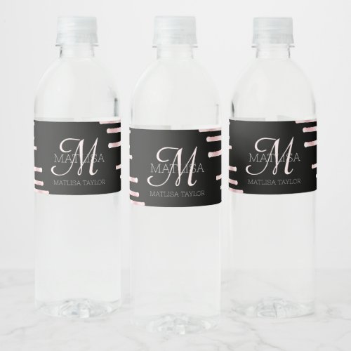 Stylish Monogram Dripping Glitter Black Script  Water Bottle Label