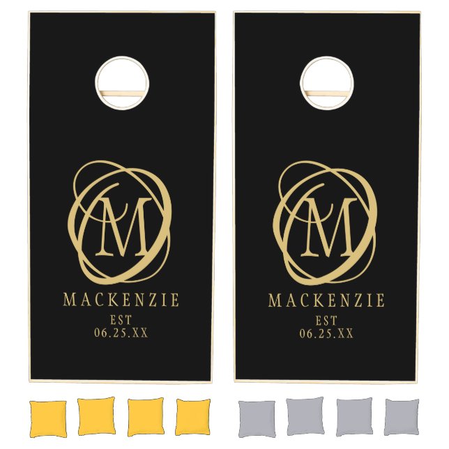Stylish Monogram Family Name Black Gold Cornhole Set (Set)