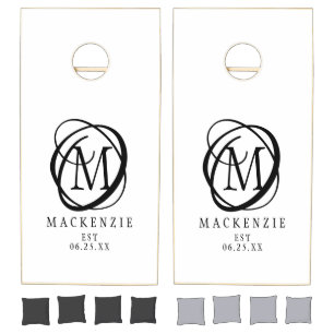 Stylish Monogram Family Name Black White Cornhole Set