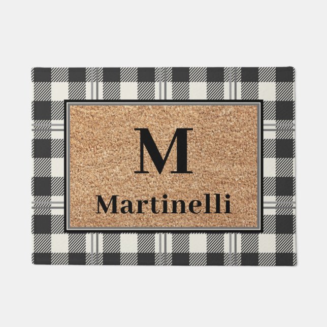 Stylish Monogram Faux Coir Buffalo Plaid Design Doormat (Front)