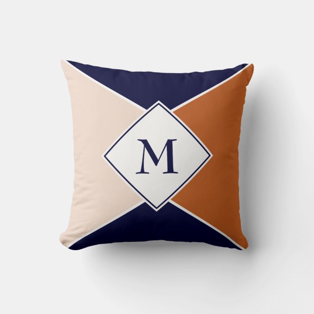 Stylish MONOGRAM Geometric | Navy Tan Cream Throw Pillow (Front)
