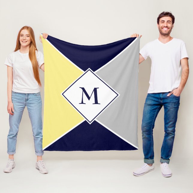 Stylish MONOGRAM Geometric | Navy Yellow Gray Fleece Blanket (In Situ)