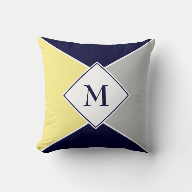 Stylish MONOGRAM Geometric | Navy Yellow Gray Throw Pillow (Front)