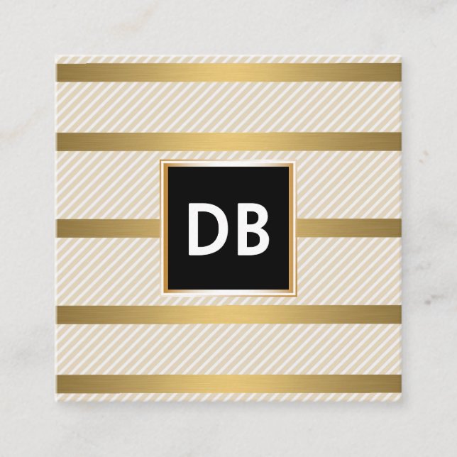 Stylish Monogram Glamour Striped Golden Square Business Card (Front)