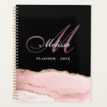 stylish monogram gold and blush agate planner<br><div class="desc">Monogram stylish script lettering with an elegant black background with girly blush pink and gold agate. The text features can be customized.</div>