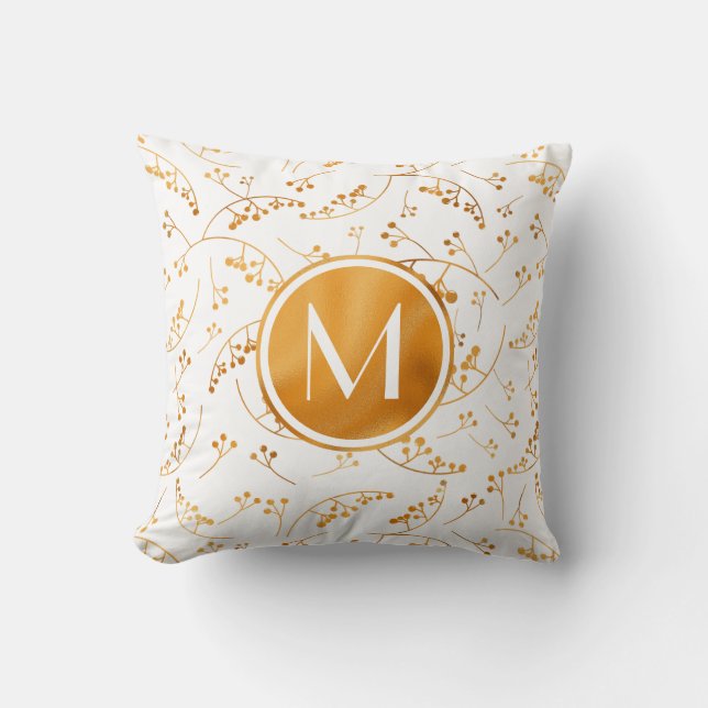 Stylish monogram gold berries on white pattern throw pillow (Front)
