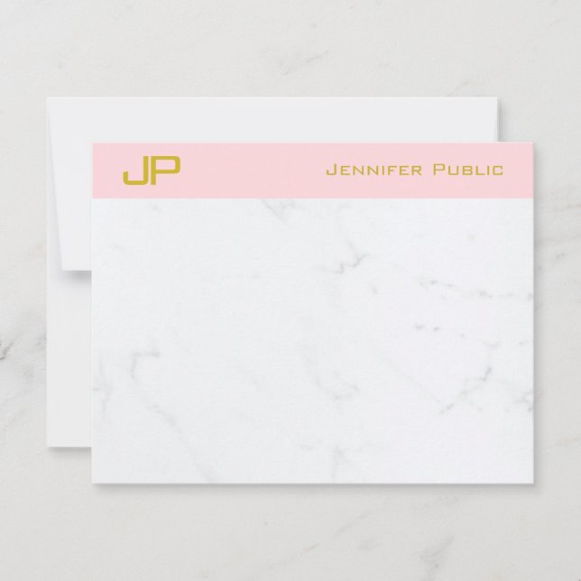 Stylish Monogram Gold Blush Pink White Marble Chic Note Card (Front)