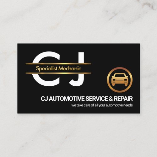 Stylish Monogram Gold Border Car Mechanic Business Card
