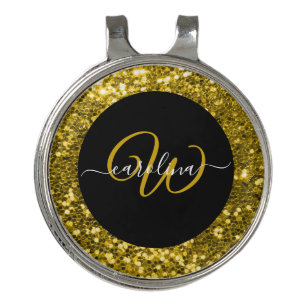 Stylish monogram gold glitter name black golf hat clip
