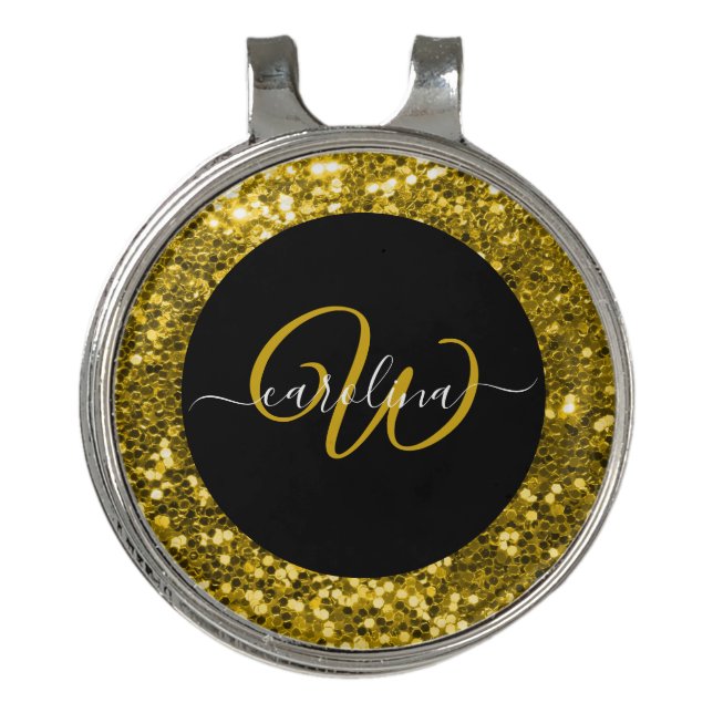 Stylish monogram gold glitter name black golf hat clip (Front)