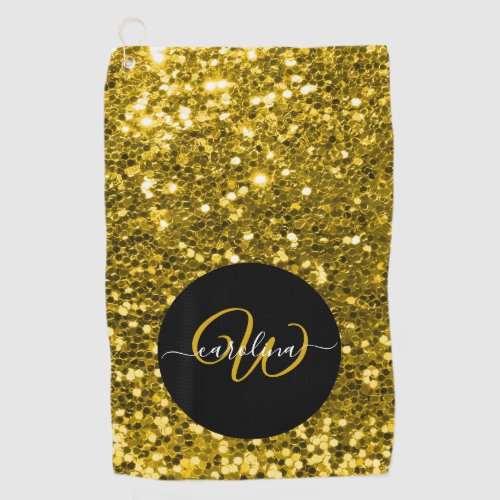 Stylish monogram gold glitter name black golf towel