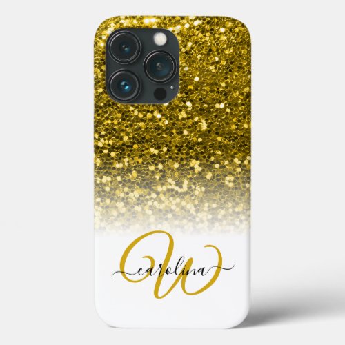 Stylish monogram gold glitter name white iPhone 13 pro case