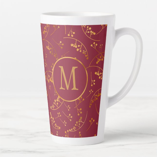 Stylish monogram gold marsala berry pattern latte mug (Right)