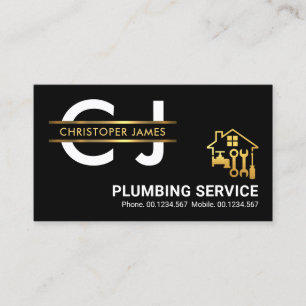 Stylish Monogram Gold Placard Border Plumber Business Card
