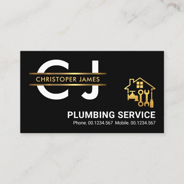 Stylish Monogram Gold Placard Border Plumber Business Card (Front)