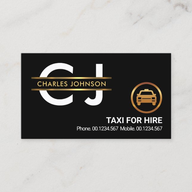 Stylish Monogram Gold Placard Border Taxi Driver Business Card (Front)