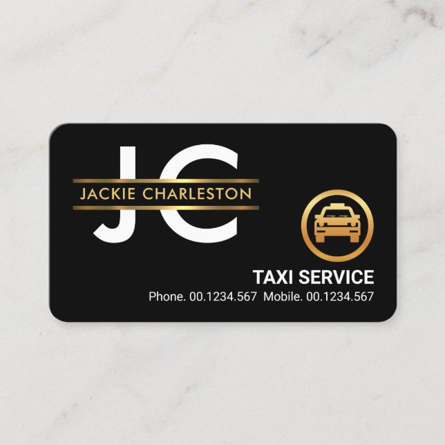 Stylish Monogram Gold Placard Frame Taxi Driver Business Card (Front)