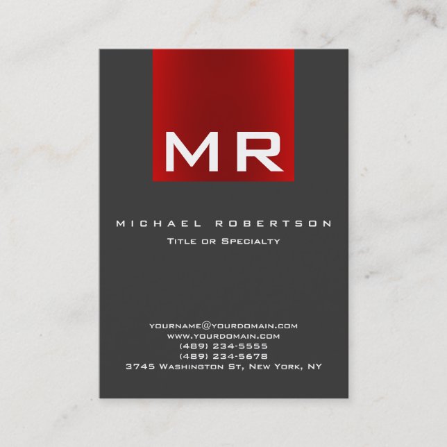 Stylish Monogram Grey Red Modern Business Card (Front)